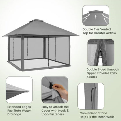 Elegant Estate Gazebo: 13' x 13' Gray Outdoor Pavilion with Mosquito Mesh Enclosure