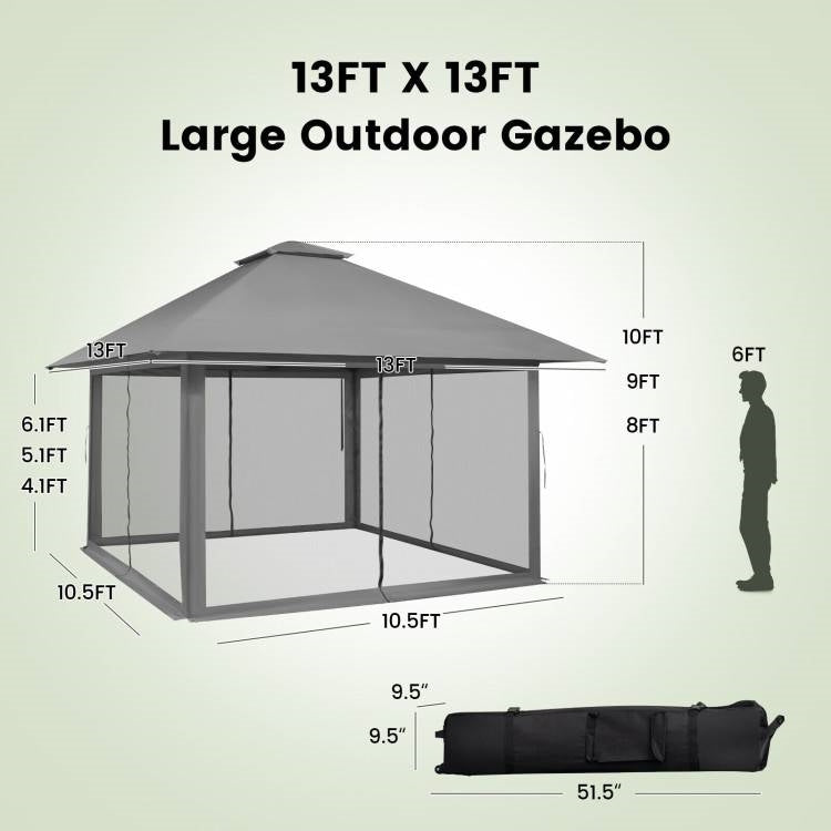 Elegant Estate Gazebo: 13' x 13' Gray Outdoor Pavilion with Mosquito Mesh Enclosure