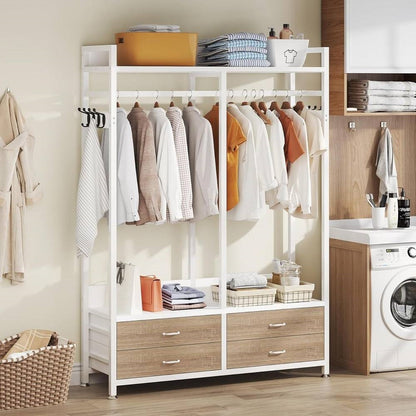 Freestanding White Oak Garment Rack with 4 Storage Drawers