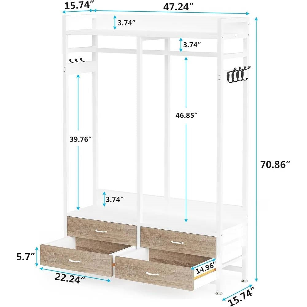 Freestanding White Oak Garment Rack with 4 Storage Drawers