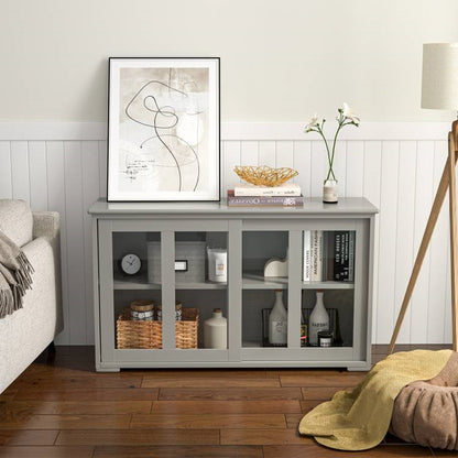 Grey Wood Buffet Cabinet with Glass Sliding Doors