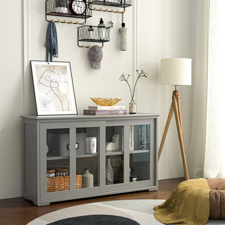 Grey Wood Buffet Cabinet with Glass Sliding Doors