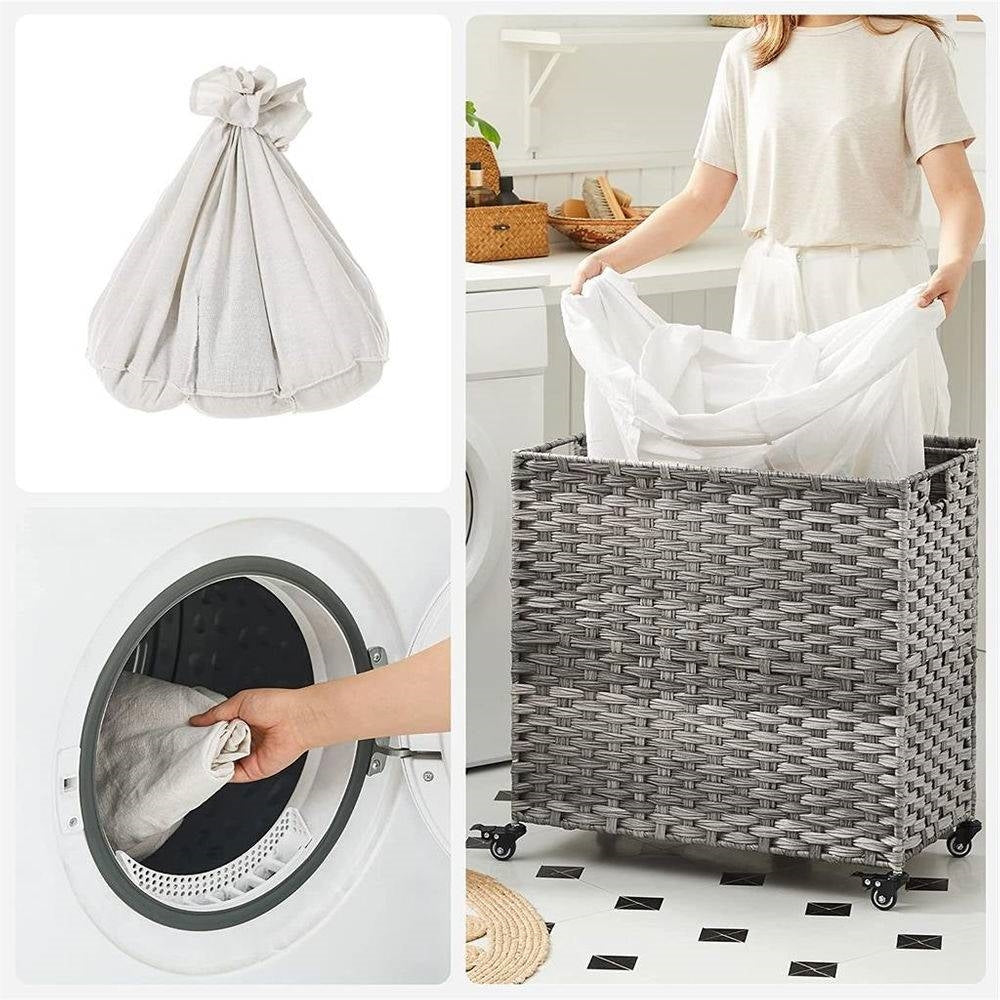 Handwoven Grey Rattan 3-Bag Laundry Cart with Cotton Liners and Wheels