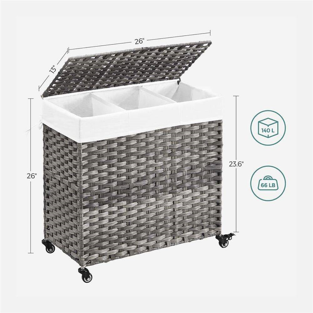 Handwoven Grey Rattan 3-Bag Laundry Cart with Cotton Liners and Wheels