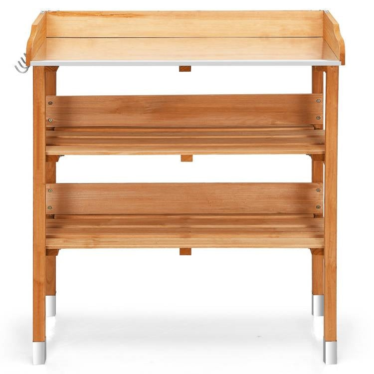 Solid Wood Outdoor Garden Bench Table with Bottom Storage Shelves and Metal Top