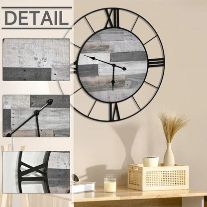 32-inch Roman Numeral Wall Clock Black Metal with Grey Wood Interior