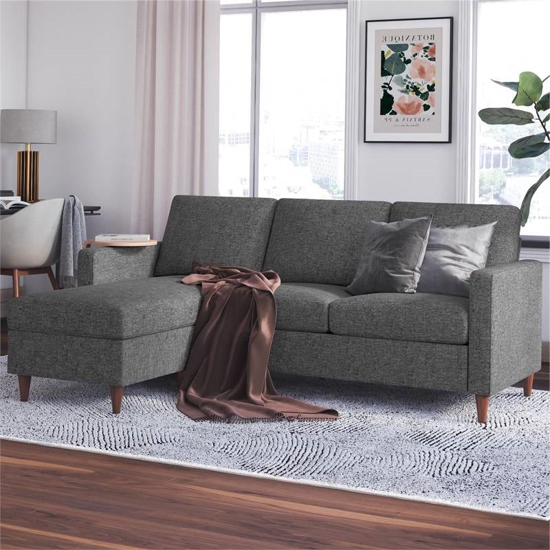 Mid-Century Modern Left or Right Facing Sectional Sofa in Dark Grey Linen