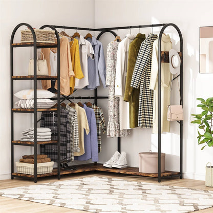 L-Shaped Clothing Rack with Rods and Shelves