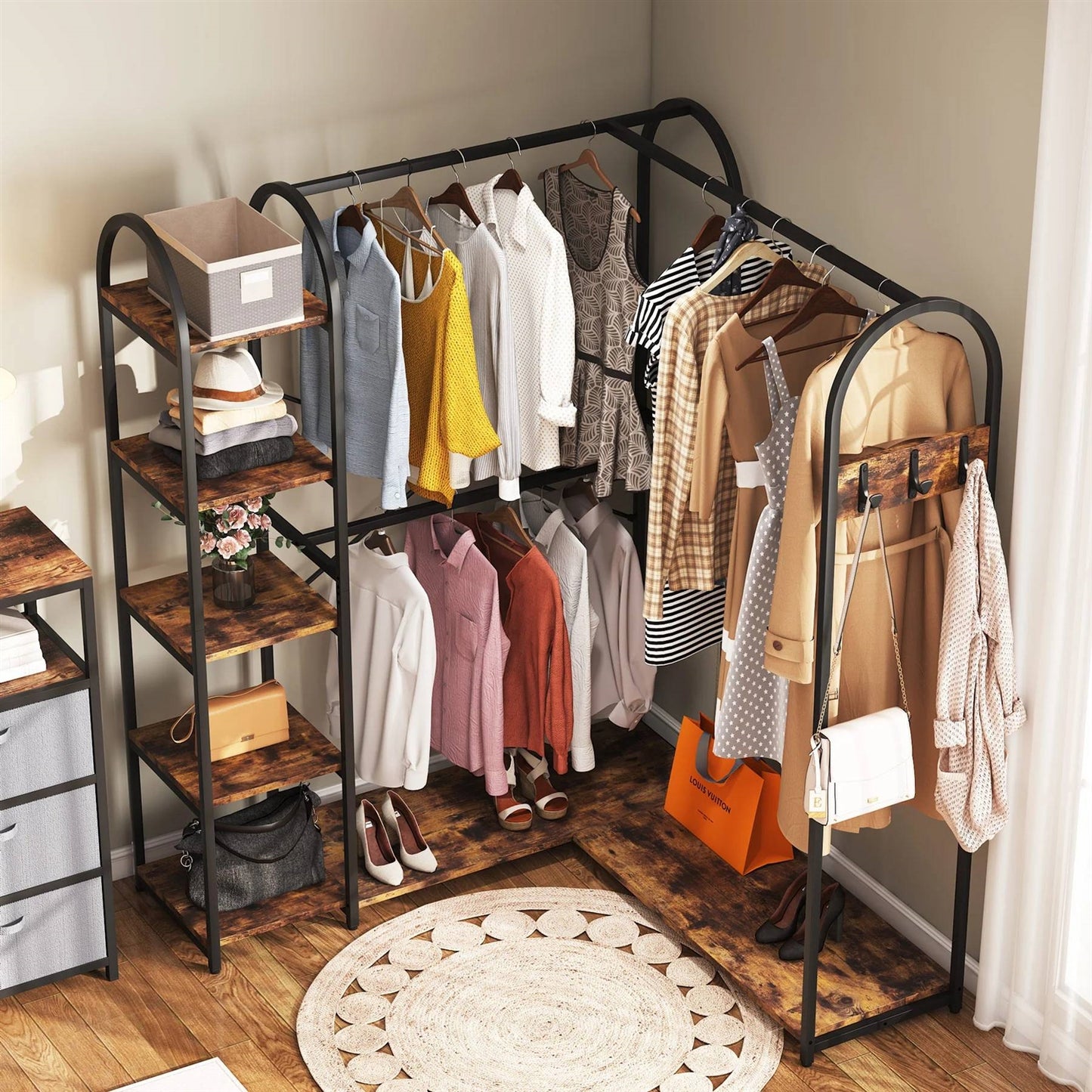 L-Shaped Clothing Rack with Rods and Shelves