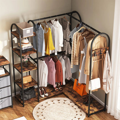 L-Shaped Clothing Rack with Rods and Shelves