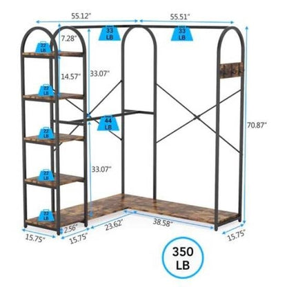 L-Shaped Clothing Rack with Rods and Shelves