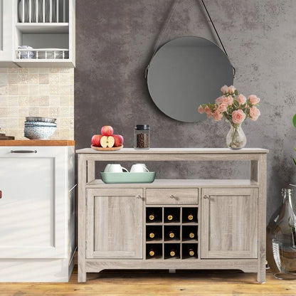 Grey Wood Sideboard with Wine Rack and Storage Shelves