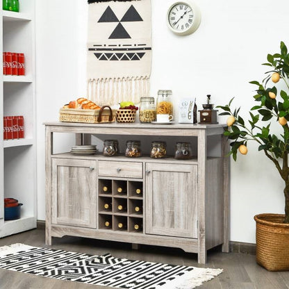 Grey Wood Sideboard with Wine Rack and Storage Shelves