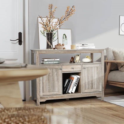 Grey Wood Sideboard with Wine Rack and Storage Shelves