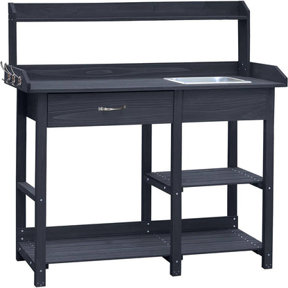 Grey Wood Garden Potting Bench with Removable Sink and Storage Shelf