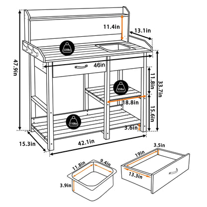 Grey Wood Garden Potting Bench with Removable Sink and Storage Shelf