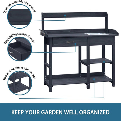 Grey Wood Garden Potting Bench with Removable Sink and Storage Shelf