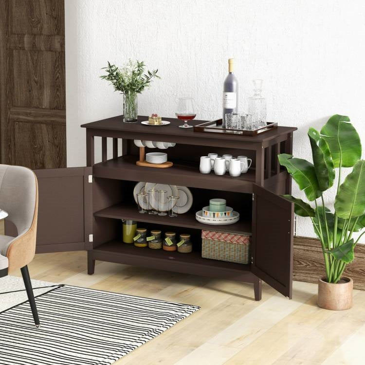 Dark Brown Wood 2-Door Dining Buffet with Open Storage Shelf