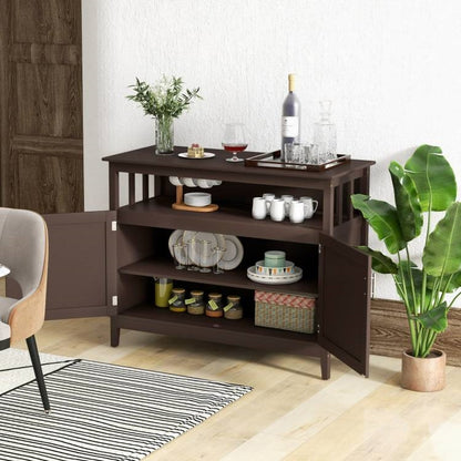 Dark Brown Wood 2-Door Dining Buffet with Open Storage Shelf