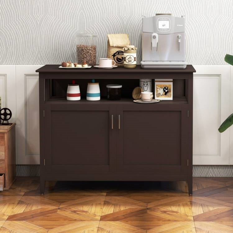 Dark Brown Wood 2-Door Dining Buffet with Open Storage Shelf