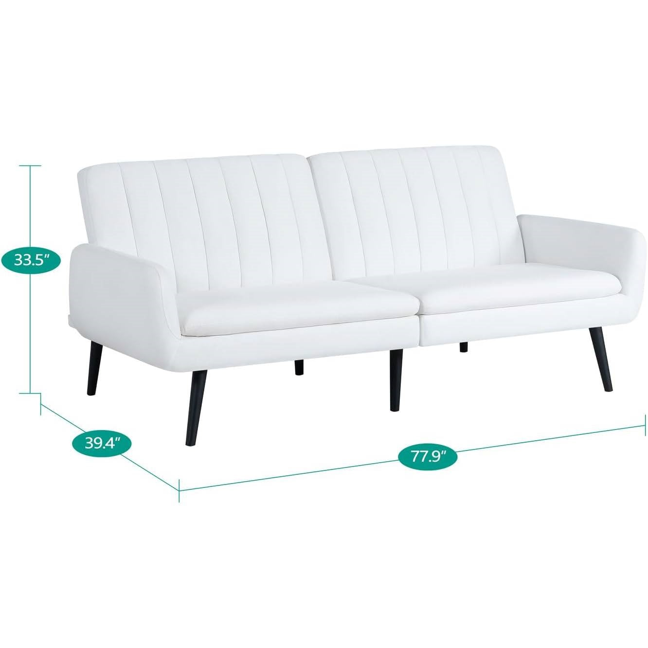 Modern Mid-Century  Futon Sleeper Sofa Bed in White Linen Fabric