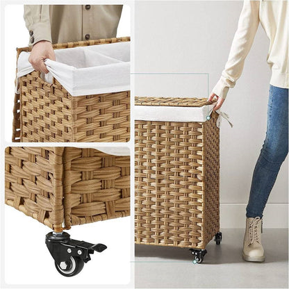 Handwoven Wicker 3-Compartment Laundry Cart with Cotton Liner & Wheels