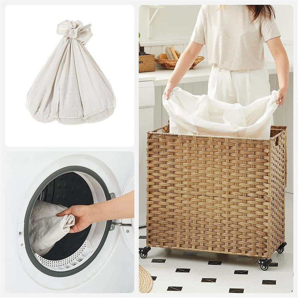 Handwoven Wicker 3-Compartment Laundry Cart with Cotton Liner & Wheels