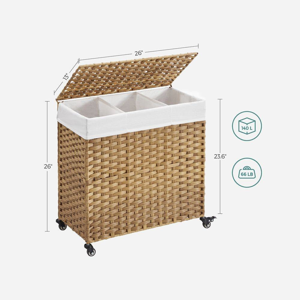 Handwoven Wicker 3-Compartment Laundry Cart with Cotton Liner & Wheels