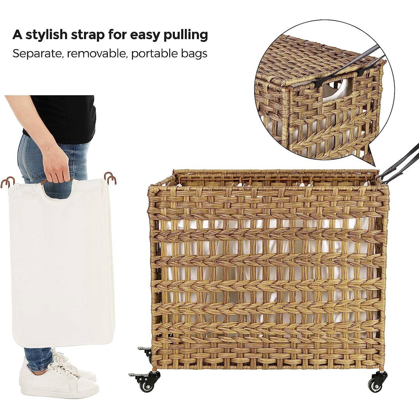 Tan PP Rattan 3-Basket Laundry Hamper Sorter Cart with Removable Cotton Bags