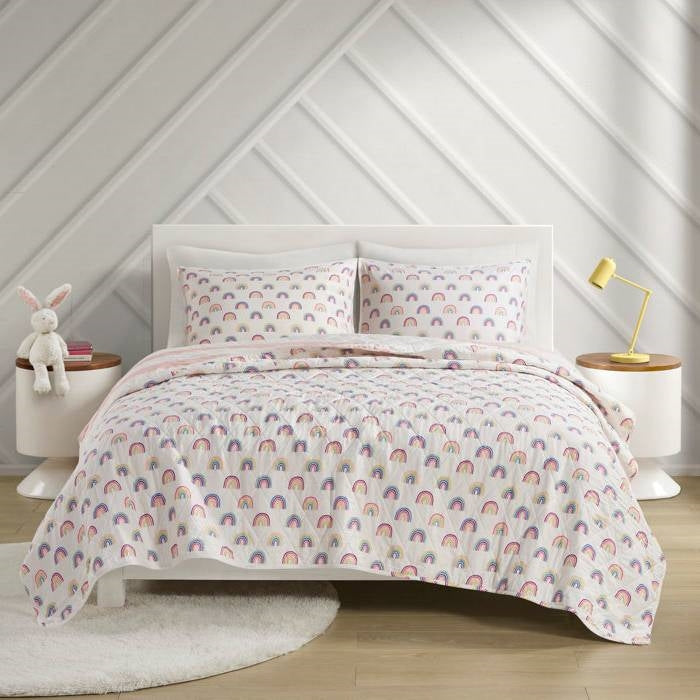 Full/Queen 3 Piece Pink Reversible Rainbow Cotton Quilt Set