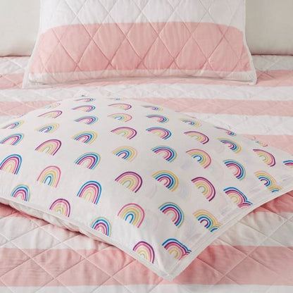 Full/Queen 3 Piece Pink Reversible Rainbow Cotton Quilt Set