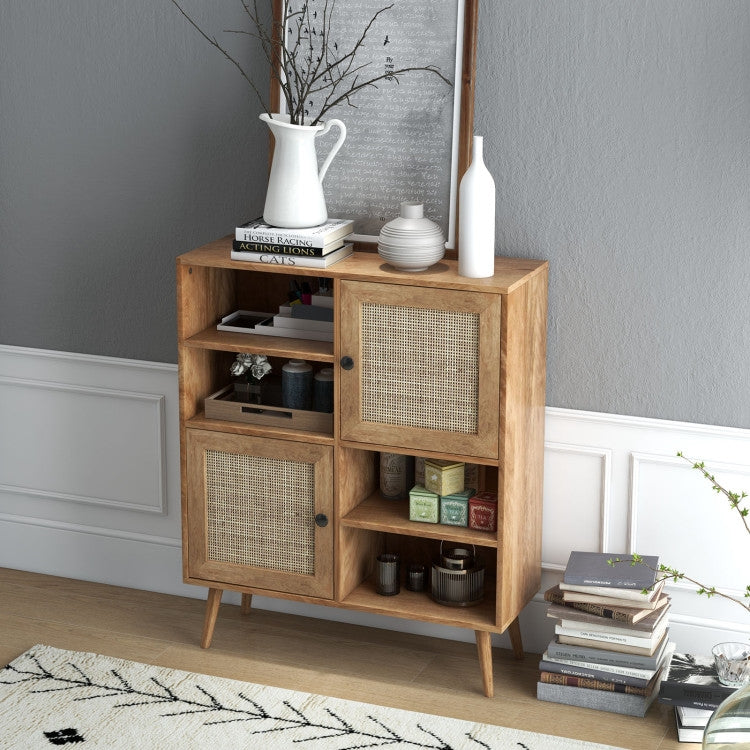 Mid-Century Modern Wood Sideboard Dining Buffet Storage Cabinet w/ Rattan Doors