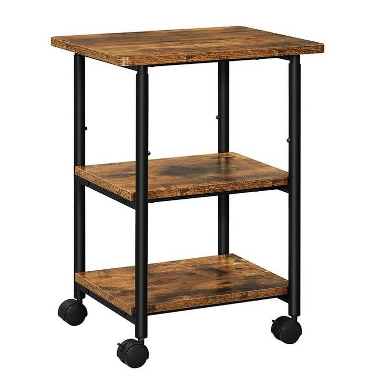 Modern Industrial Black Metal Rustic Wood Printer Stand Cart on Locking Casters