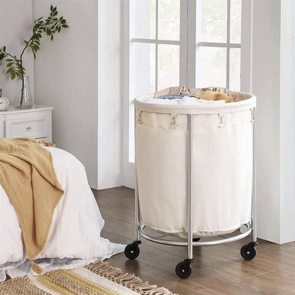 Round 45-Gallon Laundry Basket Hamper w/ Cream Fabric Bag Steel Frame on Wheels