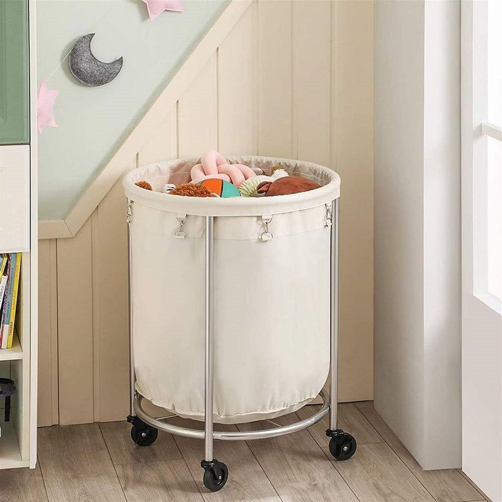 Round 45-Gallon Laundry Basket Hamper w/ Cream Fabric Bag Steel Frame on Wheels