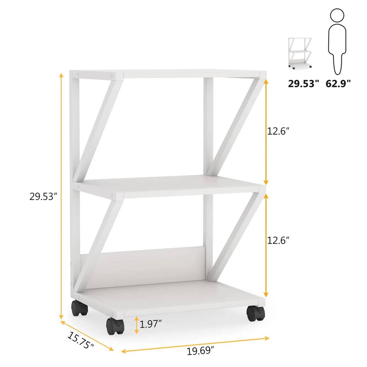 Modern 3-Shelf White Metal Wood Printer Stand Rolling Home Office Storage Cart