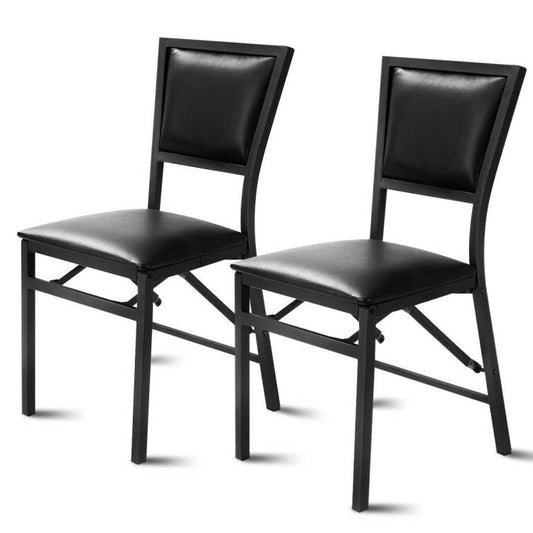 Set of 2 - Modern Black Metal Folding Dining Chairs with PU Leather Seat Cushion