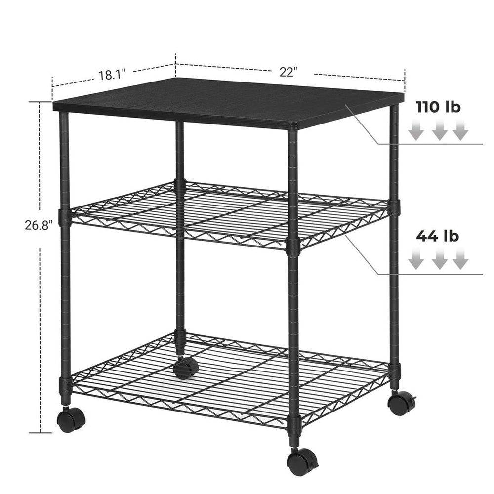 Sturdy Black Metal Wood Printer Stand Cart with 2-Shelves and Locking Casters