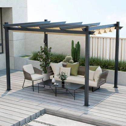 Modern 10 x 12 Ft Outdoor Sturdy Pergola Gazebo with Retractable Beige Canopy