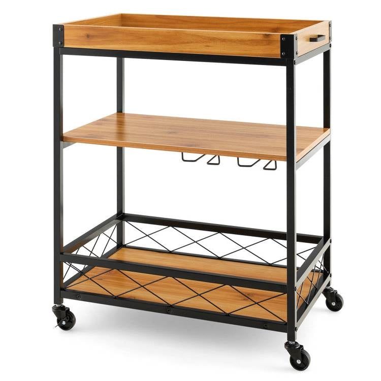 Modern Metal Wood Shelf Kitchen Serving Bar Cart with Removable Top Tray