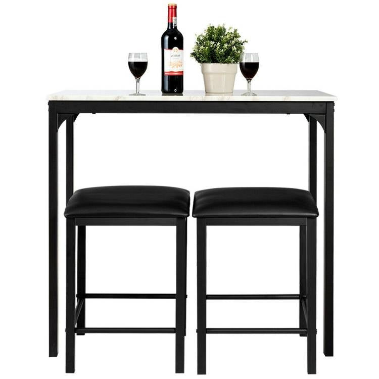 Modern 3-Piece Dining Set White Faux Marble Table-Top and 2 Black Chairs Stools