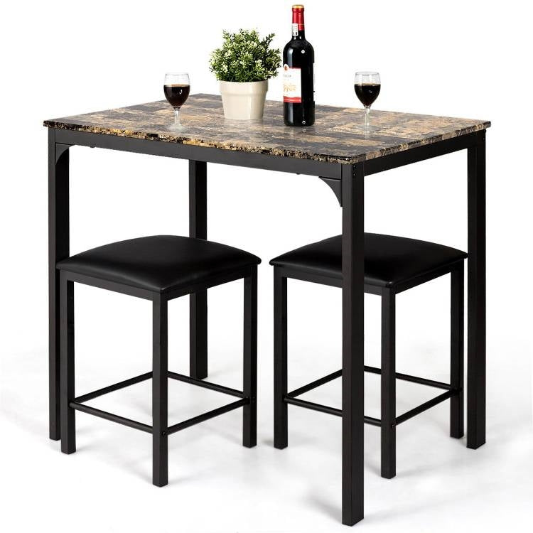 Modern 3-Piece Dining Set Brown Faux Marble Table-Top and 2 Black Chairs Stools