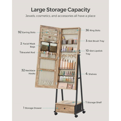 Modern Metal & Wood Jewelry Armoire with Mirror and Rolling Casters