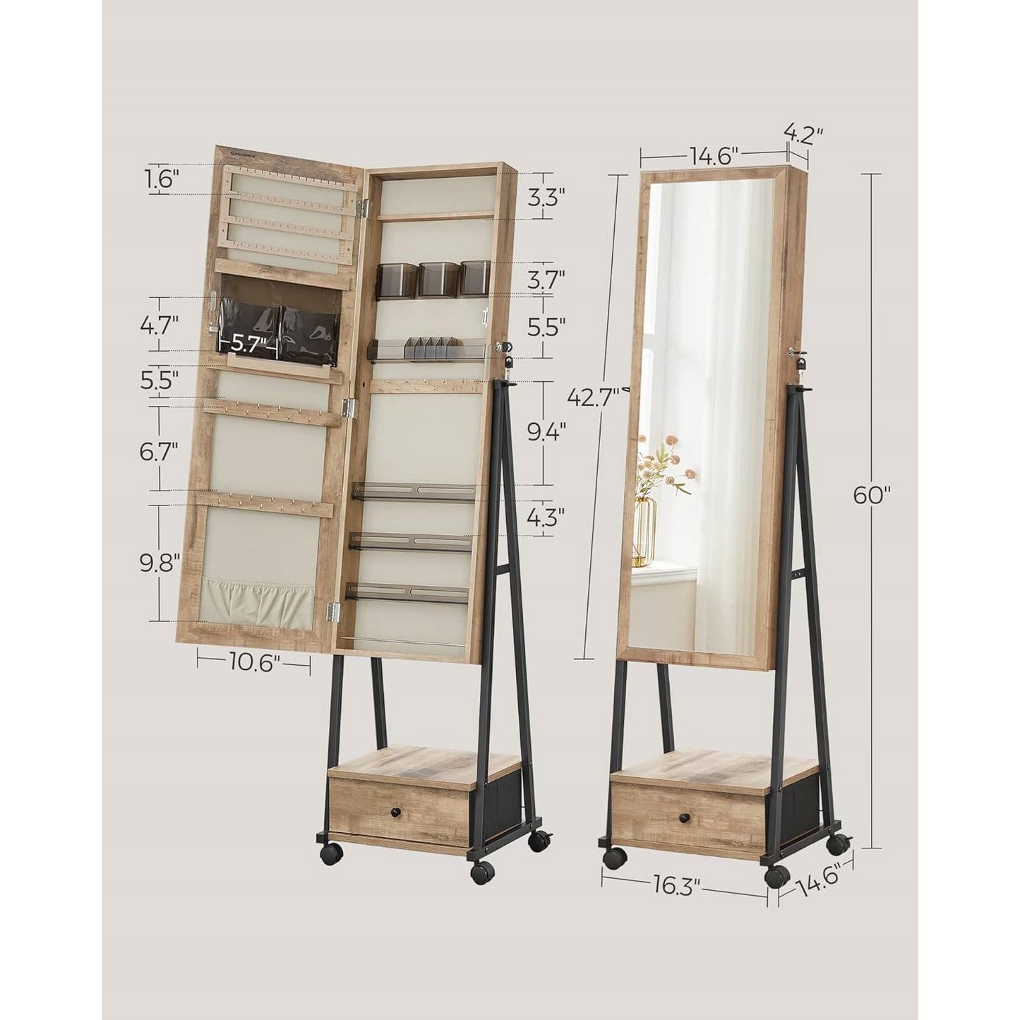 Modern Metal & Wood Jewelry Armoire with Mirror and Rolling Casters