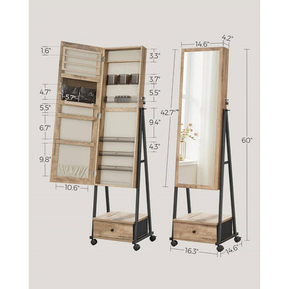 Modern Metal & Wood Jewelry Armoire with Mirror and Rolling Casters