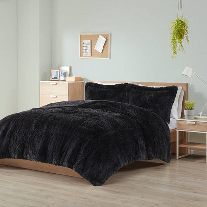 Twin/Twin XL Black Soft Sherpa Faux Fur 2-Piece Comforter Set with Shams