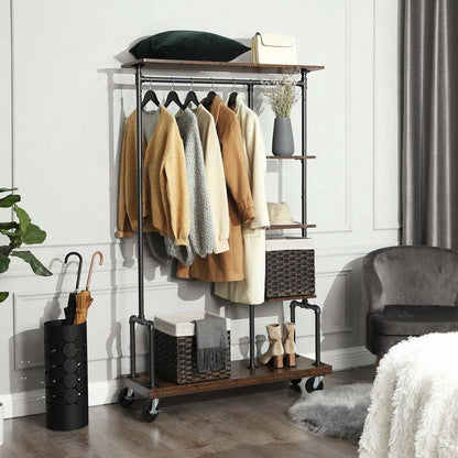 Urban Metal Pipe Garment Rack with Wooden Shelves on Wheels