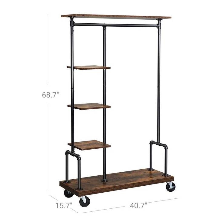 Urban Metal Pipe Garment Rack with Wooden Shelves on Wheels