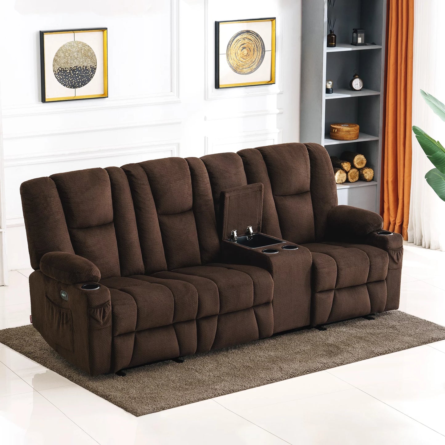 Elite Comfort Power Reclining Sofa – Brown Fabric with Massage, USB Ports, and Integrated Console